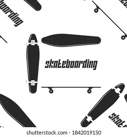 Longboard sport seamless pattern, black and white minimal style background, youth culture fashion t-shirt print, word skateboarding text