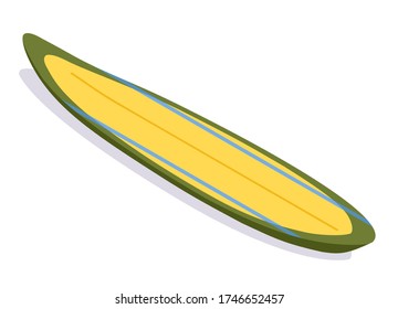 Longboard surfboard isometric with shadow. Striped surf board with yellow and green laying down. 3d illustration