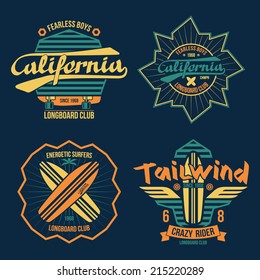 Longboard surfing retro emblem graphic design for t-shirt. Color print on dark background