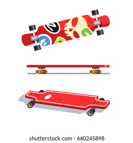Longboard top, side and bottom views. Colorful long boards with modern sticker bombs. Flat style vector illustration isolated on white background.
