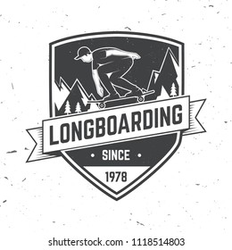 Longboarding badge. Vector illustration. Extreme sport. For skate club emblems, signs and t-shirt design. Skateboard typography design with skateboarder on the longboard and text.