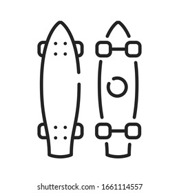 Longboarding black line icon. Extreme sport. Pictogram for web page, mobile app, promo. UI UX GUI design element. Editable stroke.