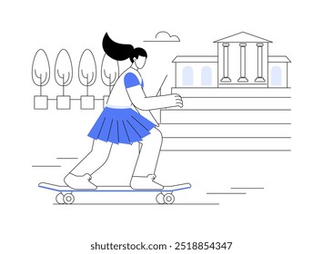 Longboarding isolated cartoon vector illustrations. Young happy girl longboarding outdoors alone, university education break, student life diversity, campus activity vector cartoon.