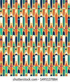 Longboards colorful vector seamless pattern. Soft top surf board flat illustration