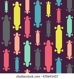 Longboards seamless pattern. Background with colored silhouettes of longboards.