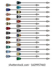 Longbow arrows each with a diferent set of flights over a white background