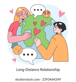 Long-distance relationship. Couple remote communication, maintaining a romance across the globe. Romantic connection despite different locations. Flat vector illustration.
