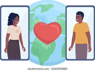 Long-distance relationship flat concept vector spot illustration. Editable 2D cartoon characters on white for web design. People finding love on dating app creative idea for website, mobile, magazine