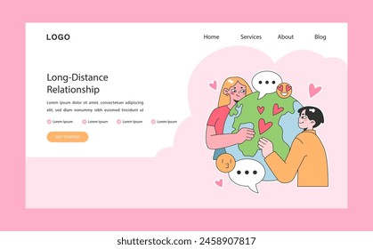 Long-distance relationship web or landing. Couple remote communication, maintaining a romance across the globe. Romantic connection despite different locations. Flat vector illustration.