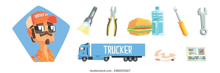 Long-Distance Trucker Job Tool and Object Vector Set