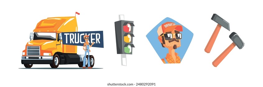 Long-Distance Trucker Job Tool and Object Vector Set
