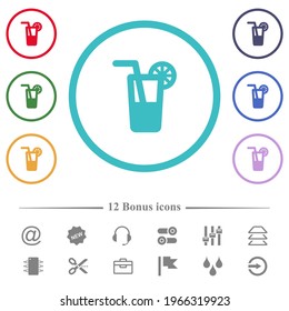 Longdrink flat color icons in circle shape outlines. 12 bonus icons included.