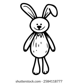 Long-eared bunny. Hand drawn doodle. Comforter for a newborn. Soft toy for baby's sleep. Textile cute item for children. Vector line art illustration.