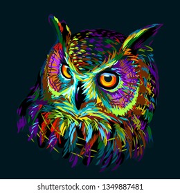 
Long-eared Owl. Abstract, multicolored graphic hand-drawn portrait of an owl on a dark green background.