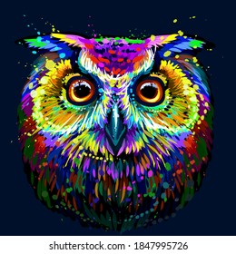 Long-eared Owl. Abstract, multicolored, graphic  portrait of an owl in the style of pop art on a dark blue background. Digital vector drawing
