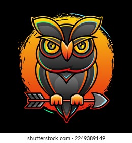 Long-eared Owl. Abstract, multicolored, graphic portrait of an owl in the style of pop art on a dark blue background. Digital vector drawing