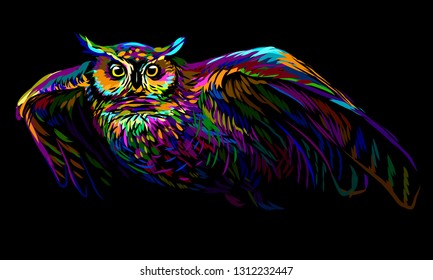 
Long-eared owl in flight. Abstract multicolored image on a black background.