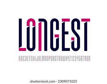 Longest font, high alphabet, croppered letters and numbers made Internal angled serifs bevel type, for your designs: logo, movie banner, cinema poster or newspaper, vector illustration 10EPS