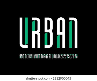 Longest font, high alphabet, croppered letters and numbers made Internal angled serifs bevel type, for your designs, vector illustration 10EPS