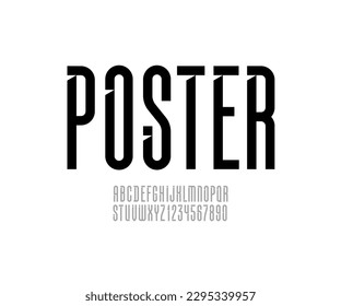 Longest font, high black alphabet, croppered letters and numbers made Internal angled serifs bevel type, for your designs: logo, movie banner, cinema poster or newspaper, vector illustration 10EPS