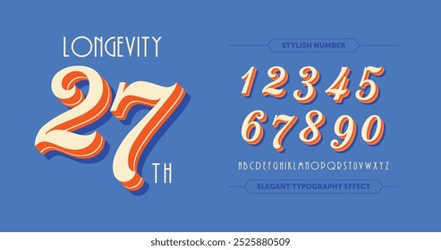 Longevity 27: A bold, script-style number design with a striking green theme. Perfect for custom sports jerseys or racing numbers. Set on a vibrant orange-red background. Vector illustration