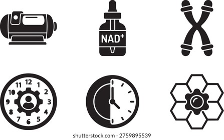 Longevity and Anti-Aging Vector Icon Set Hyperbaric Chamber, NAD+ Infusion, Telomeres, Bio Age Clock, and Intermittent Fasting Timer
