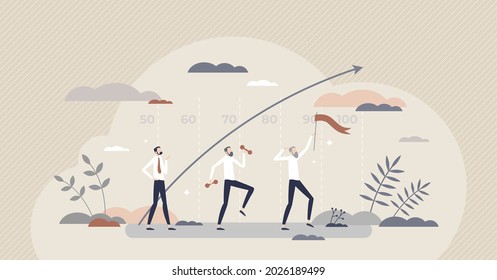 Longevity with body health and durability in elderly life tiny person concept. Energy and happiness with healthy habits and daily workouts vector illustration. Long lifetime and strong senior chart.