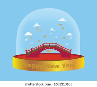 The Longevity Bridge With Gold And Silver 2020 Droping From Chinese Style Cloud Inside Of Snow Globe Or Glass Ball,  Happy Chinese Newyear 2020 Concept, Vector Illustration.