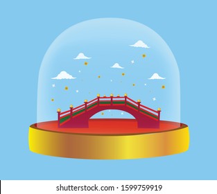 The Longevity Bridge with gold and silver flowers droping from chinese style cloud inside of Snow globe or glass ball,  Longevity and lucky concept, vector illustration.