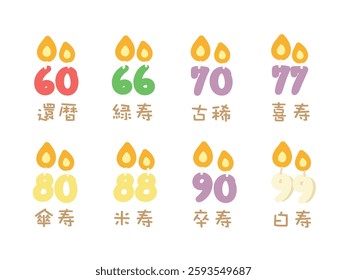 Longevity celebration birthday illustration set translation: 60, 66, 70, 77, 80, 88, 90, 99 years old