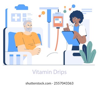 Longevity Clinic concept. Elderly patient receives vitamin drip as nurse monitors treatment. Health care, rejuvenation therapy, and modern medicine. Vector illustration.