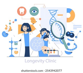 Longevity Clinic concept. Health professionals engage in genetic research and anti-aging treatments. Advancements in biotechnology and medical care. Vector illustration.