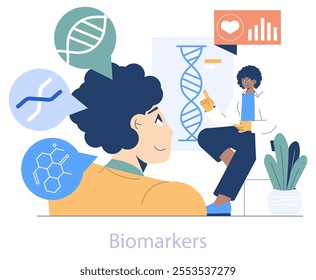 Longevity Clinic concept. A patient consults with a healthcare professional about personalized medicine. Biomarkers and DNA analysis for tailored treatments. Vector illustration.