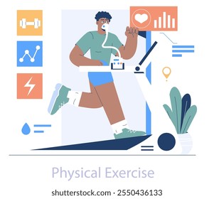 Concepto de clínica de longevidad. Paciente en una caminadora para atención médica preventiva. Monitorización del ejercicio, mejora de la condición cardiovascular y seguimiento del bienestar. Ilustración vectorial.