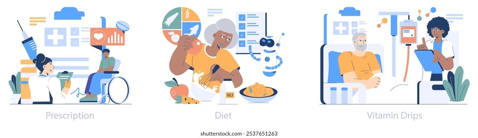Longevity Clinic set. Healthcare services featuring prescriptions, balanced diets, and vitamin drips for healthy aging. Integrated wellness approach. Vector illustration.