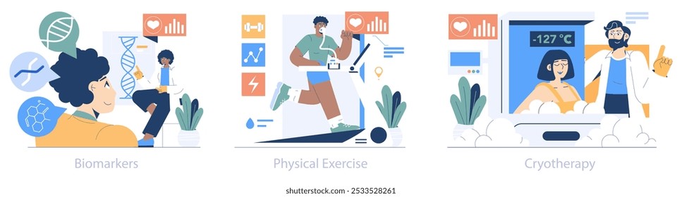 Longevity Clinic set. A holistic approach to wellness with biomarkers, exercise, and cryotherapy. Lifespan extension strategies in healthcare. Vector illustration.