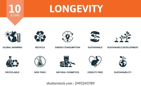 Longevity icon set. Global Warming, Recycle, Energy Consumption, Sustainable, Sustainable Development, Recyclable, Non Toxic, Natural Cosmetics, Cruelty Free, Sustainability icons.