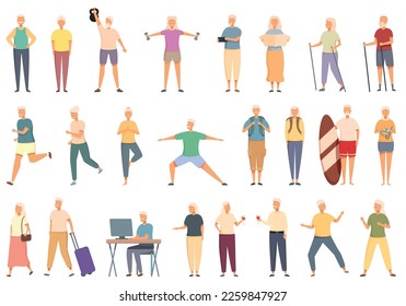 Longevity icons set cartoon vector. Old senior. Sport people