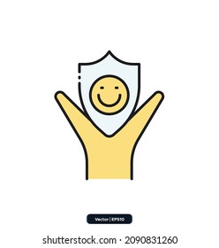 Symbol Lebenslanges Versicherungswesen. Vektorsymbole für Versicherungen. Enthält Symbole wie Autoschutz, Krankenversicherung, Vertrag, Leben und Eigentum und mehr. EPS10