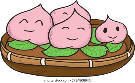 Bollos al vapor del melocotón de la longevidad en la ilustración de la cesta