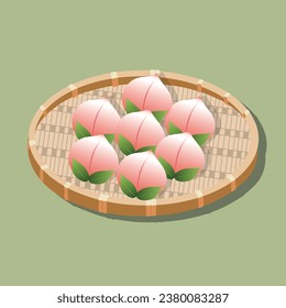 Longevity PEACH STEAMED BUNS.Un suave y esponjoso bollo al vapor básico tiene forma de melocotón y puede ser relleno con un relleno dulce de su elección. Un bollo con forma de guisante, celebra una larga vida para los ancianos.
