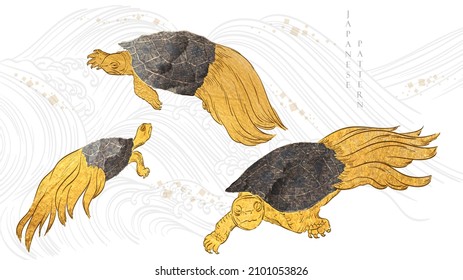 Longevity symbol on icon with gold and black texture vector. Hand drawn line animal with Chinese myth  illustration in vintage style. Sea turtle in Japanese lucky charm.