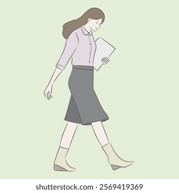 Long-hair woman walking with documents looking at the floor