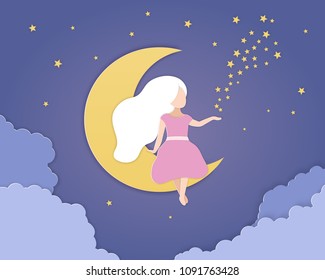 Long-haired albino girl sits on the Moon in clouds (Moon child concept) playing with stars. Cute blond kid girl on lunar crescent with stars on her hand. Paper cut, colorful vector illustration.
