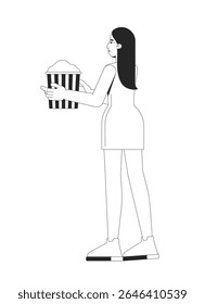 Mulher asiática de cabelos compridos em mini vestido carregando pipoca balde 2D personagem linha. Mulher europeia em minidress segurando filme snack isolado vetor tinta contorno pessoa. Ilustração de ponto monocromático