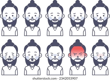 It is a long-haired bearded man who expresses various emotions.