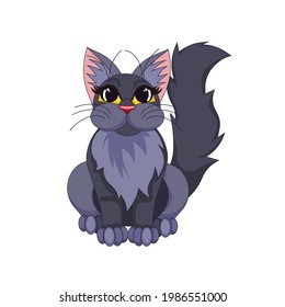 Long-haired black cat with yellow eyes in Cartoon style, black kitten on white isolated background for prints, patterns, booklets, stickers, postcards, icons for social media, apps, websites.