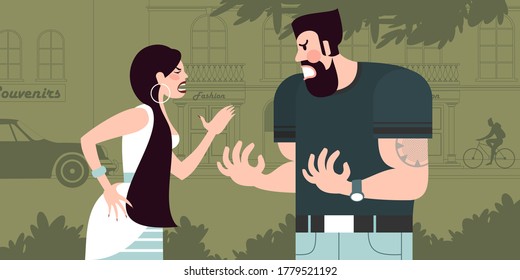 Una morena de pelo largo pelea con un hombre musculoso y barbudo. Escenas callejeras de la ciudad. Ilustración vectorial de diseño plano