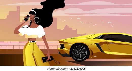 A long-haired brunette girl with a small clutch bag talking on a cell phone near a yellow sports car. Vector illustration for landing page mockup or flat design advertising banner.