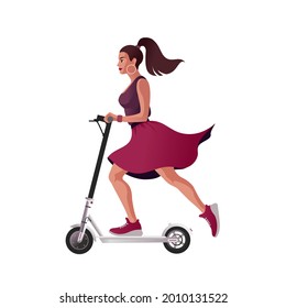 A long-haired brunette in a summer dress ride on Electric Scooter. Isolated Vector illustration for mockup or flat design advertising banner.